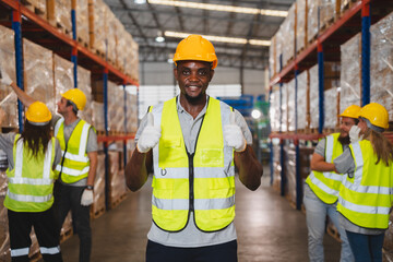 African American person working to shipping box package by order in logistic warehouse, black male...