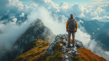 Man Standing on Top of a Mountain With a Backpack - obrazy, fototapety, plakaty