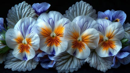   A black background features a collection of white and blue blooms Each flower bears orange and blue petals atop it
