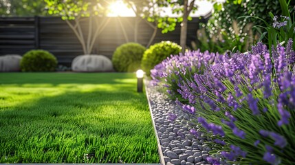 A compact garden with impeccable artificial turf, bordered by fragrant lavender and eco-friendly lights. - obrazy, fototapety, plakaty