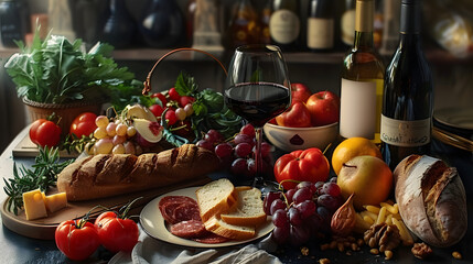 still life with food and wine