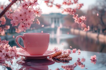 A pink cup of coffee, a few cookies, sakura on the table, close up, Palace of Versailles in Paris,...
