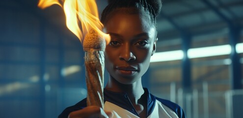 Confident African-American Female Athlete Holding Torch Against Dark Gym Background with Copy Space