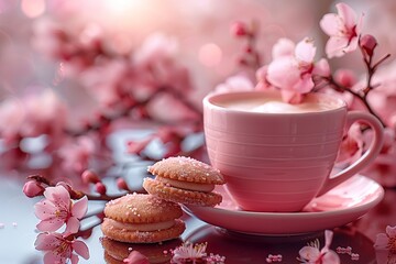 Obraz na płótnie Canvas A pink cup of coffee, a few cookies, sakura on the table, close up, Palace of Versailles in Paris, grand sighs