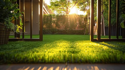 Tranquil artificial grass garden bathed in golden sunlight behind an elegant rod gate.
