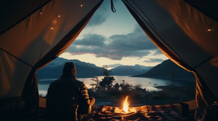 Man Sitting by Fire Inside Tent