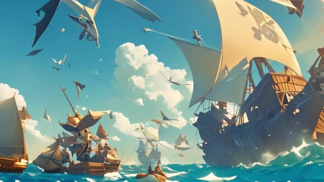 cartoon scene with illustration of pirates at sea