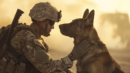 A soldier and his military working dog share a moment against a blurred background.