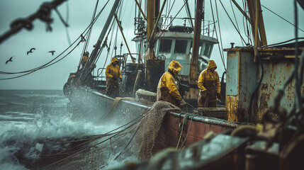 Fishermen in orange gear pulling nets on a rocking boat during a storm - obrazy, fototapety, plakaty