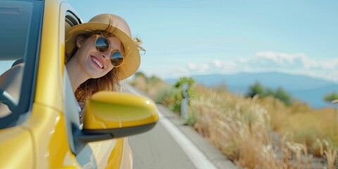 A happy woman outside the car window wearing glasses and a straw hat, the concept of a road trip. Copy space.