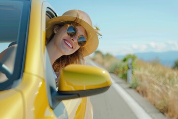 A happy woman outside the car window wearing glasses and a straw hat, the concept of a road trip.