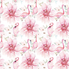 Watercolor seamless pattern. Floral print with flamingos and peonies. Hand drawn illustration - 785610156