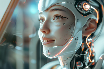 A beautiful female robot with white skin  looking at the camera in an office environment, wearing a futuristic helmet in a closeup shot with natural light and cinematic lighting, with hyperrealistic d
