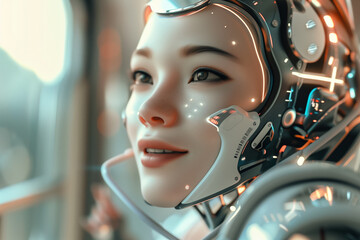 A beautiful female robot with white skin  looking at the camera in an office environment, wearing a futuristic helmet in a closeup shot with natural light and cinematic lighting, with hyperrealistic d