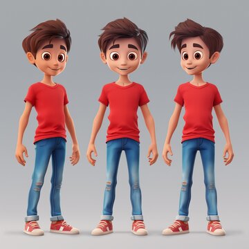This hyper-realistic 4K cartoon features a cute little boy, about ten years old, on multiple poses with bright red T-shirt, blue jeans, and sneakers.