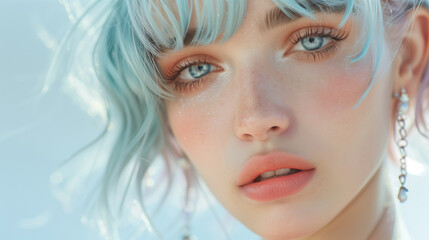 Fototapeta premium Beautiful girl with white hair, posing in the style of pastel fashion outfit, ethereal, pastels, volumetric lighting, close up, soft blue background, pale skin