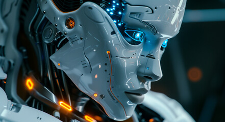 Closeup of the face and neck profile of an AI robot with blue lights for eyes, white skin color, a smile on its lips, and orange details in some parts of its body. In a dark background, with high reso - obrazy, fototapety, plakaty