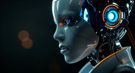 Closeup of the face and neck profile of an AI robot with blue lights for eyes, white skin color, a smile on its lips, and orange details in some parts of its body. In a dark background, with high reso - obrazy, fototapety, plakaty