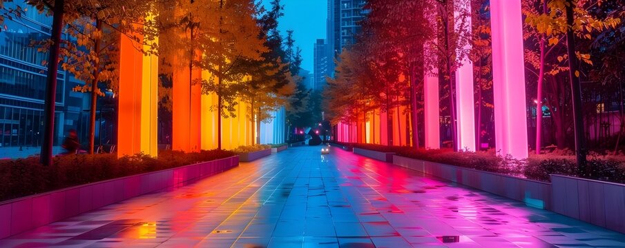 Vibrant Neon Lit Food Sculptures Illuminate Futuristic Pastel City Street