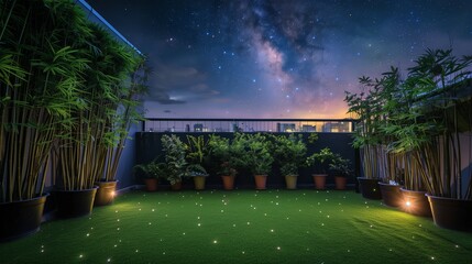 Starlight shines on a rooftop garden with synthetic grass and bamboo pots, offering urban privacy.
