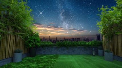 On a rooftop, artificial turf and privacy bamboo create an intimate space under a starry sky.
