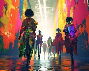 Dynamic and Eclectic Anime Inspired Fashion Runway with Vibrant Color Splashes and Lively Atmosphere