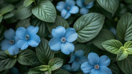 Group of Blue Flowers With Green Leaves - obrazy, fototapety, plakaty
