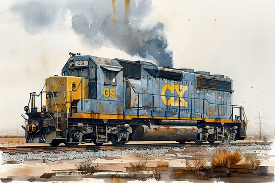 blue and yellow CSX diesel locomotive, isolated and centered on a white background,