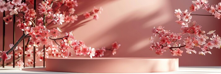 Elegant Pink Floral Display on Podium Generative AI