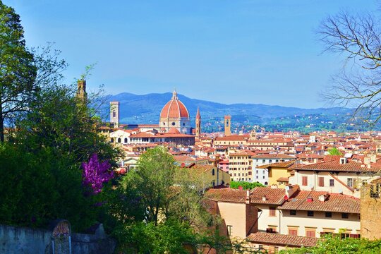 panorama of the city of Florence from the Bardini garden, historic park of Villa Bardini in Tuscany, Italy