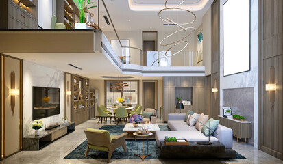 3d render of luxury home interior, living room - obrazy, fototapety, plakaty