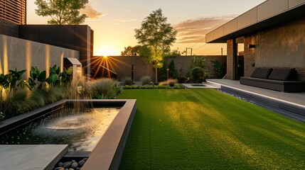 The golden hour illuminates a minimalist garden with glistening artificial grass and a simple water feature.