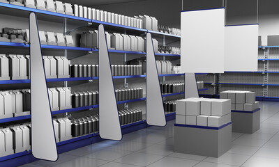 Box with packages mockup, Product on shelves, Shelf-stoppers in supermarket, Blank banner hangging in store, 3D rendering	