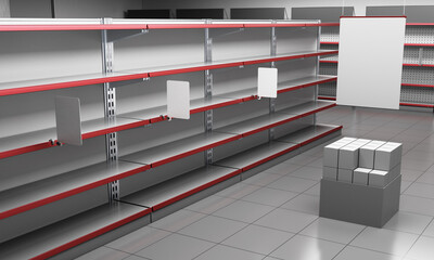 Box with packages mockup, Shelf-stoppers in supermarket, Blank banner hangging in store, 3D rendering	