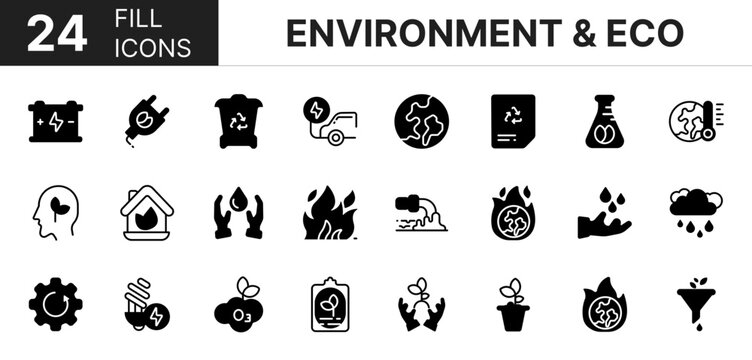 Collection of 24 environment & ecology fill icons featuring editable strokes. These outline icons depict various modes of environment & ecology, nature, bio, green, recycling,
