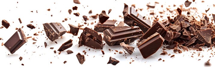 Exploding Chocolate Bar with Flying Pieces on White Background Generative AI