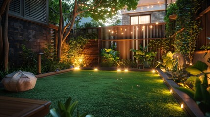 Solar lights twinkle in a snug garden at night, casting enchantment over the artificial grass.