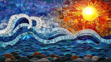 Marine Mosaic, Right-Side Sun, Stained Glass Illusion with Ocean Wave
