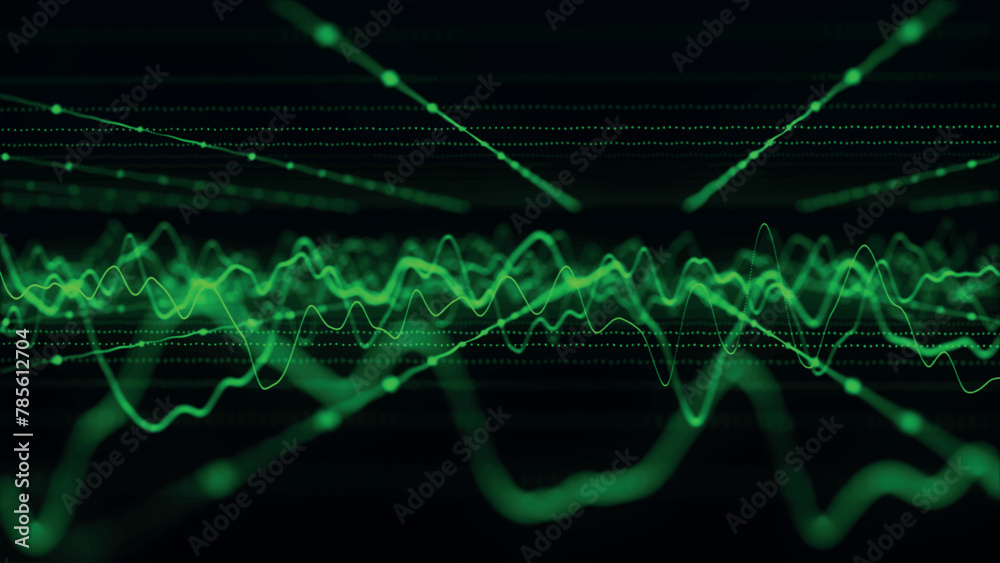 Poster wave of particles. futuristic pattern of dots and lines on a dark background. visualization of sound