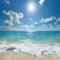 Tropical Beach Bliss - Serene Summer Scene with Azure Ocean, White Sand, and Sunlit Sky for Relaxation and Nature Lovers