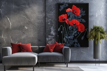 Dramatic Elegance: Red Poppies Against a Dark Marbled Background