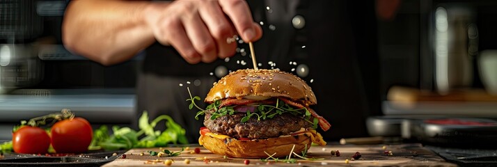 Chef's hand poking a skewer into a juicy burger