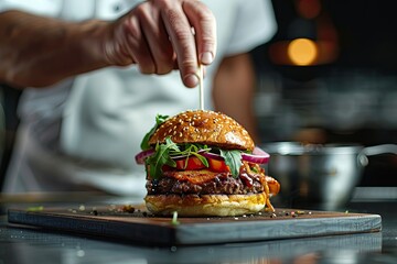 Chef's hand poking a skewer into a juicy burger