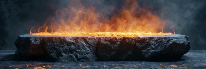 Volcanic Lava Podium with Rocky Mountain Display Generative AI - obrazy, fototapety, plakaty
