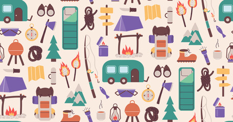 Fototapeta na wymiar Seamless pattern with things for traveling to the mountains. Fishing and summer camping. Hike with backpacks, rest in the forest. print object stuff design wallpaper. background vector illustration.