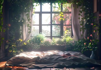Bedroom with blossoming window view generative ai