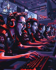 Capture the intensity of an E-Sports tournament with a long shot of the players in action, showing their focused expressions and quick movements, rendered in pixel art - obrazy, fototapety, plakaty
