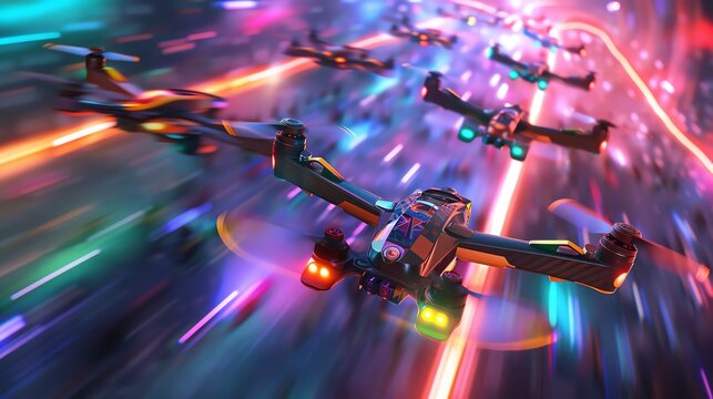 Capture the adrenaline of a drone racing event with a dynamic low-angle view, showcasing the speed and intensity of the drones in vivid colors, using digital rendering techniques