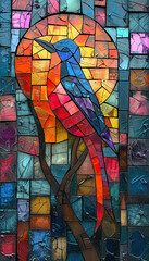 A colorful stained-glass window with a bird sitting on a branch.