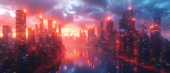 Dawn of the 5G Era: A Smart City's Fiery Skyline. Concept Technology, 5G, Smart City, Urban Development, Innovation